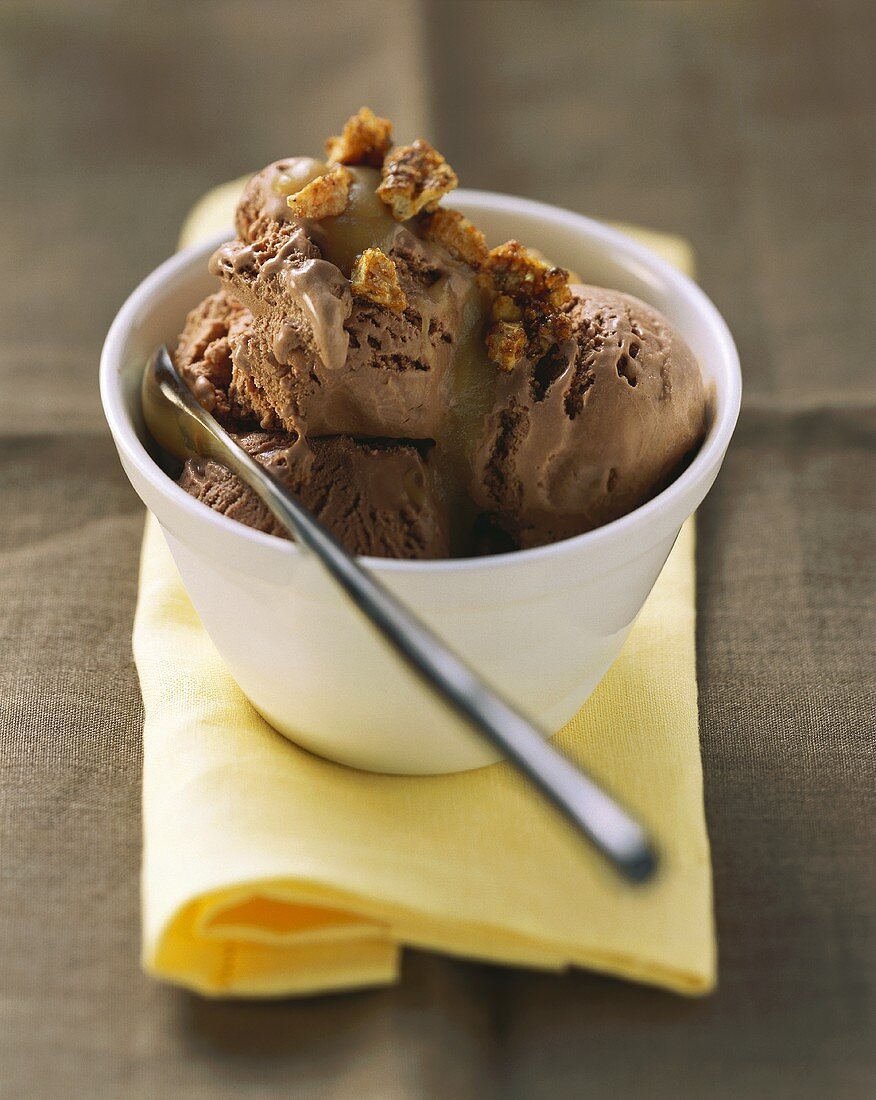 Chocolate ice cream with caramel sauce & nut praline