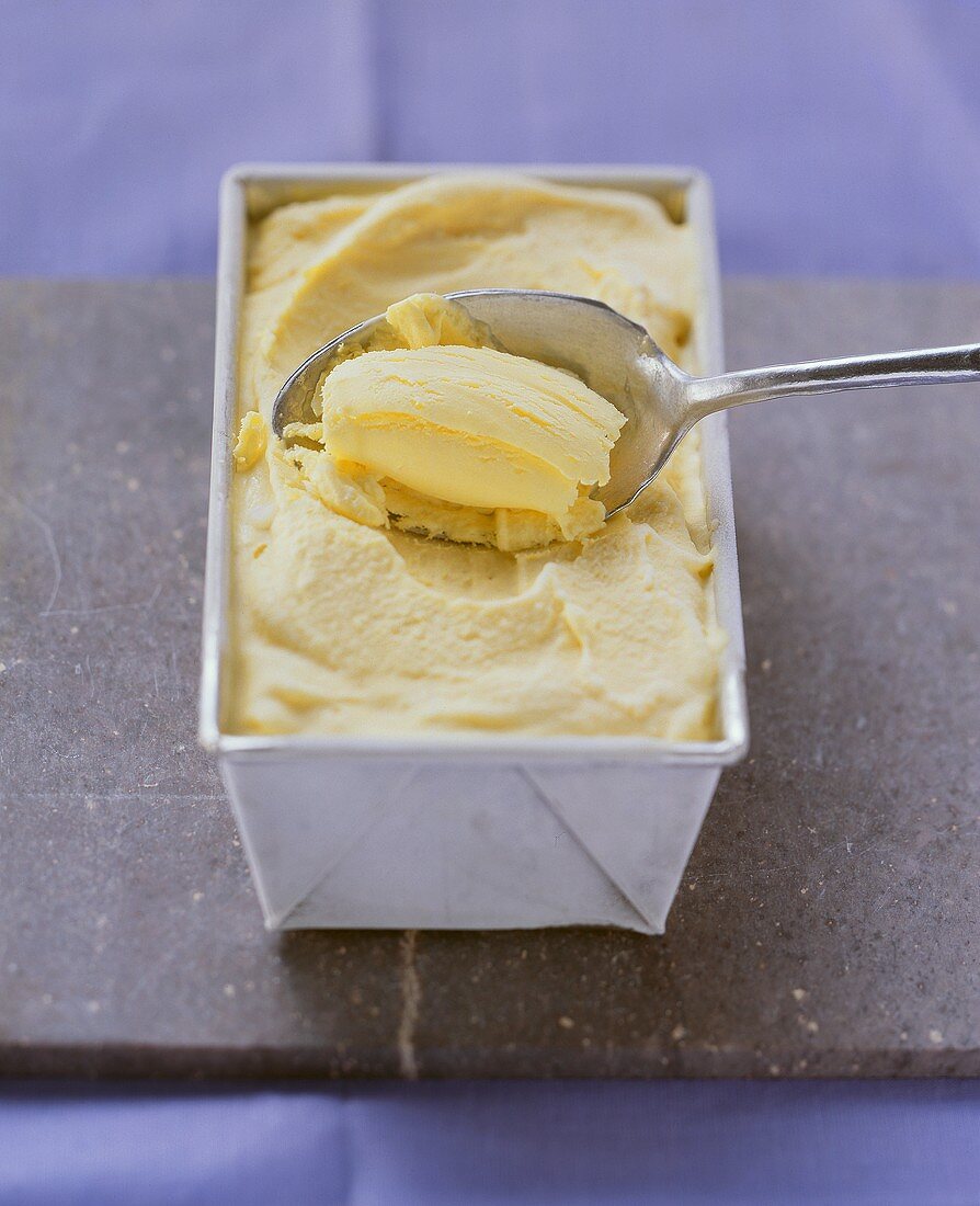 Mango mascarpone ice cream in a loaf tin