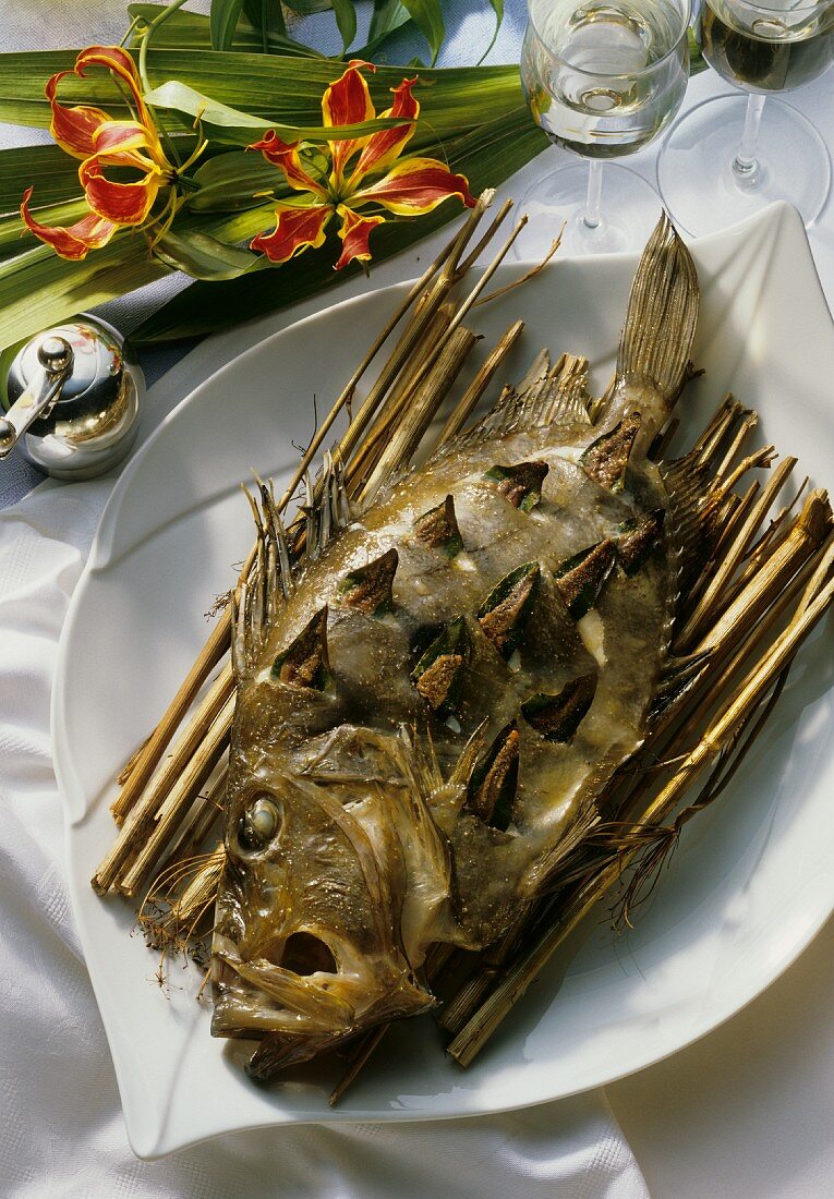 Steamed John Dory, studded with bay leaves and anchovy
