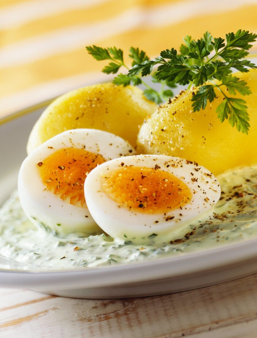 Wachsweiche Eier auf Kräutersauce mit Salzkartoffeln