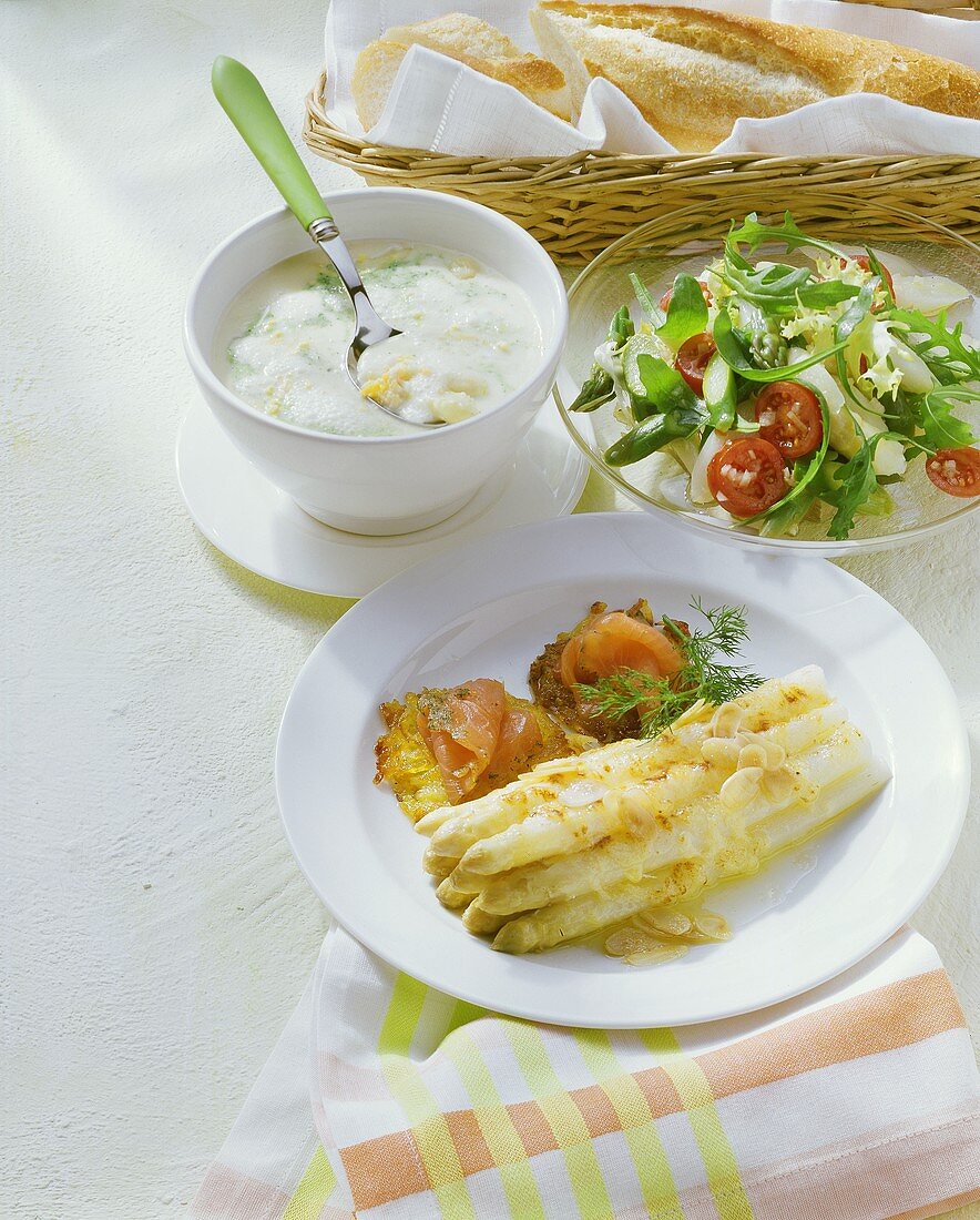 Asparagus with salmon & rosti, asparagus salad & asparagus soup