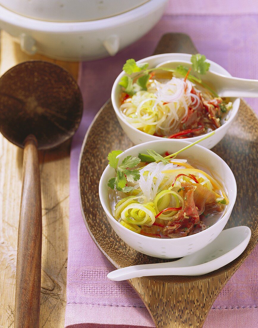 Thai glass noodle soup with beef fillet and vegetables