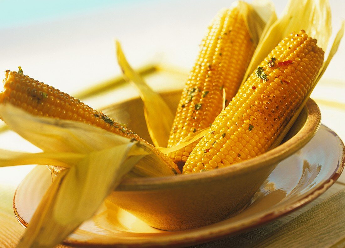 Barbecued corncobs with coriander and chili butter