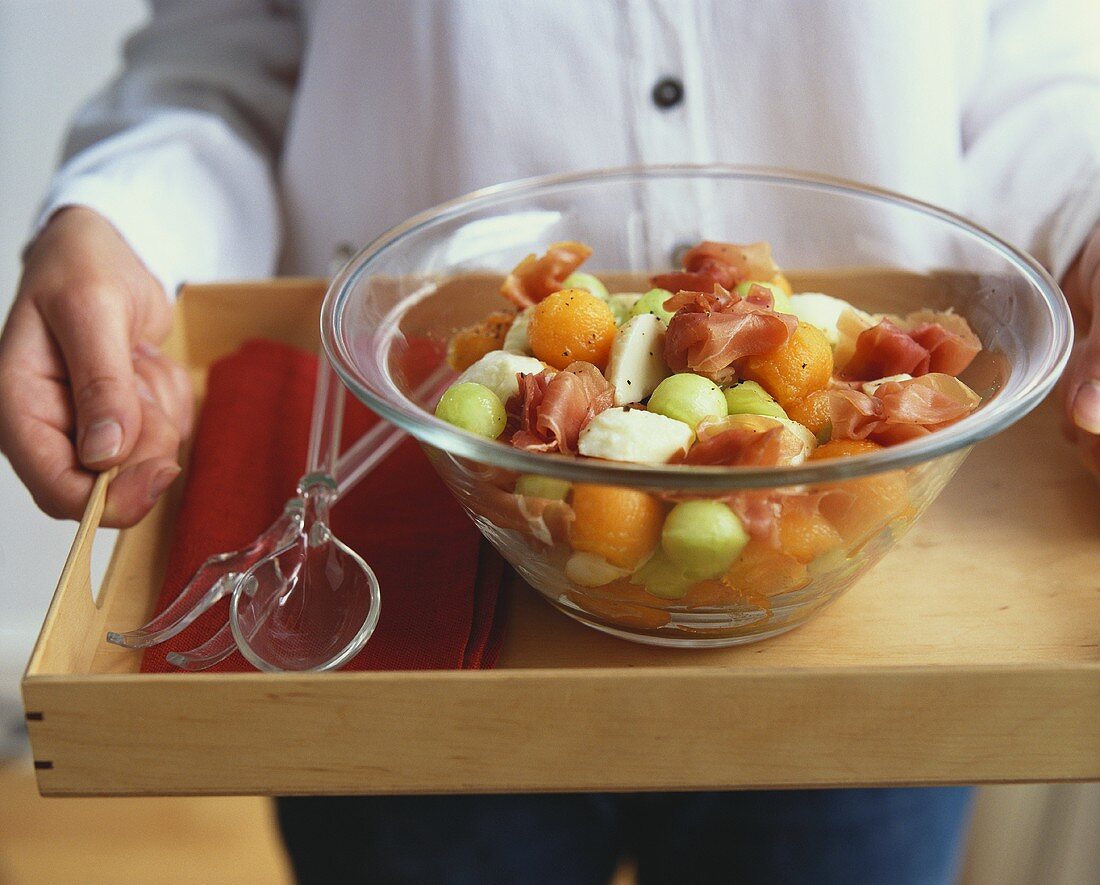 Melon salad with mozzarella and Parma ham