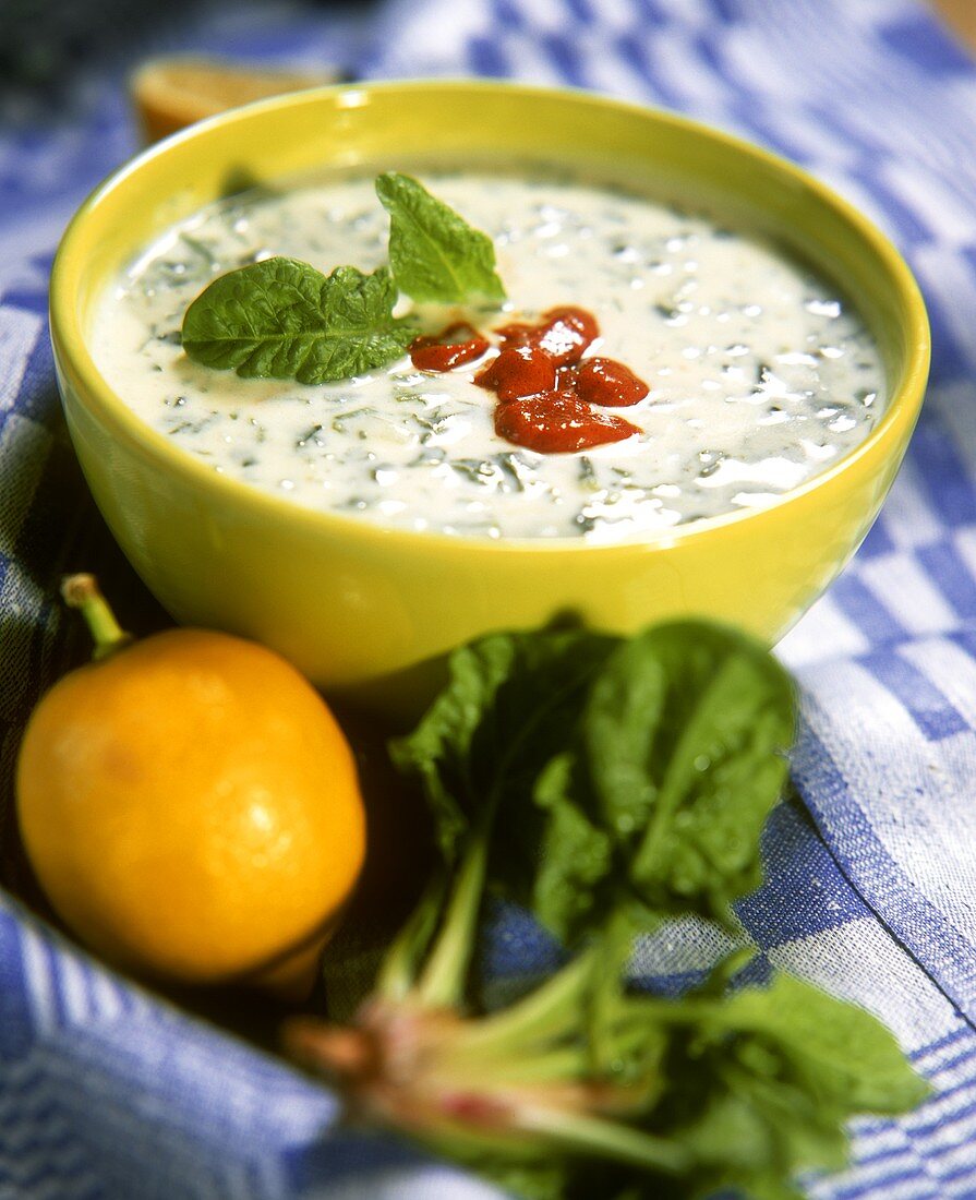 Spinach and yoghurt soup in bowl