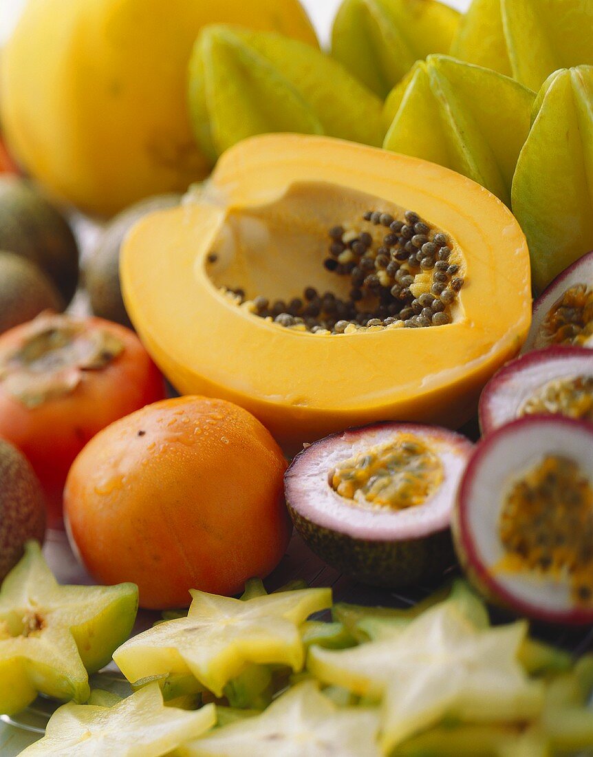 Exotic fruits: granadilla, papaya, persimmon, carambola