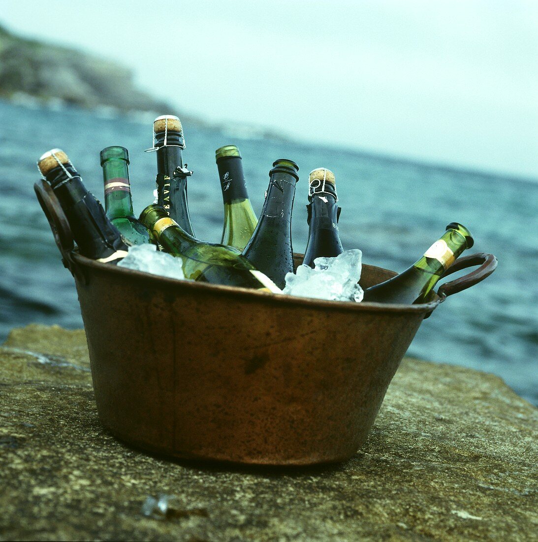 Verschiedene Weinflaschen auf Eis in Blechwanne am Meer