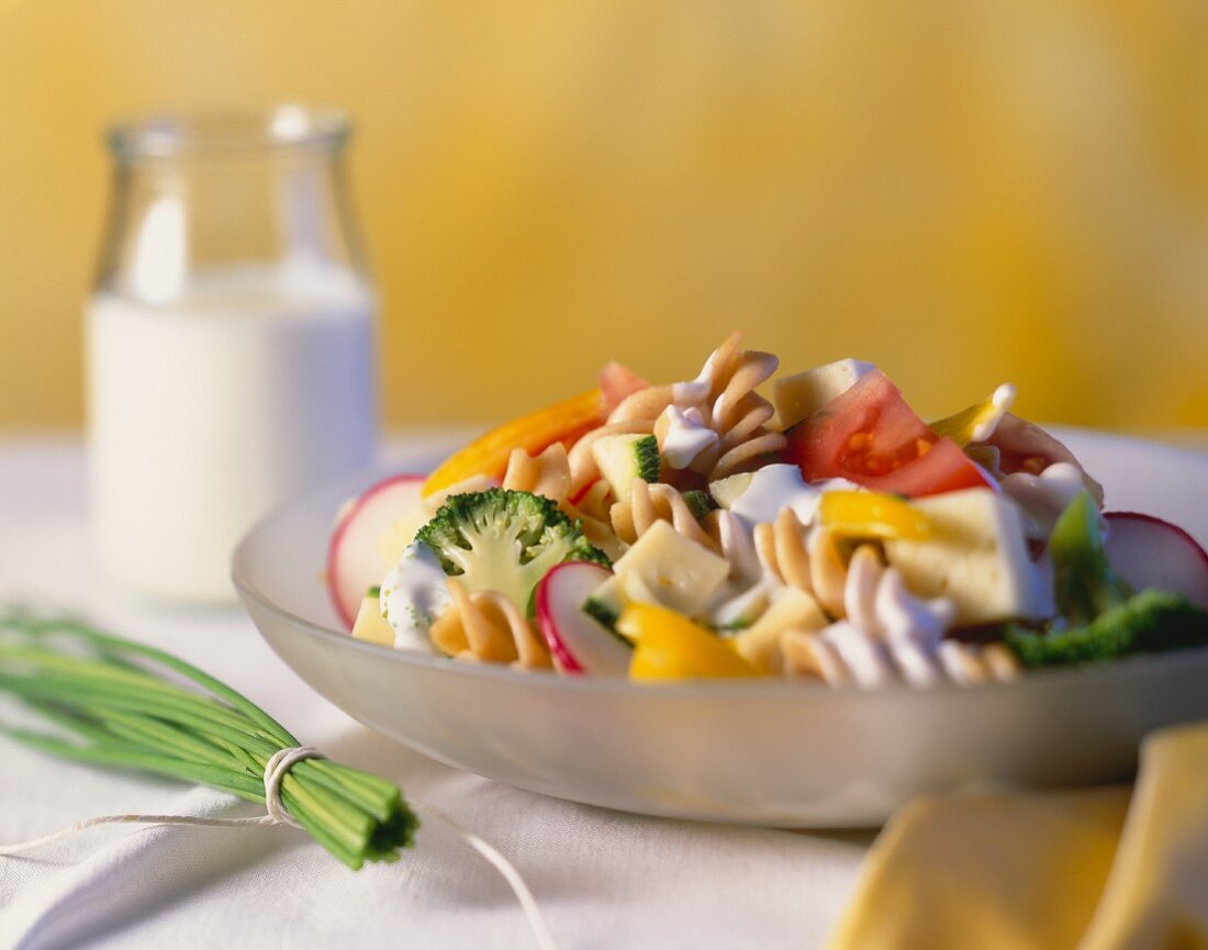 Pasta salad with cheese, vegetables and yoghurt dressing