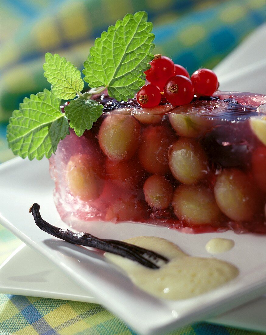 Gooseberry and blackberry jelly with vanilla whip