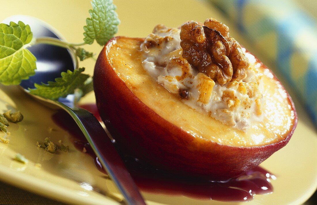 Peach brule with walnut stuffing