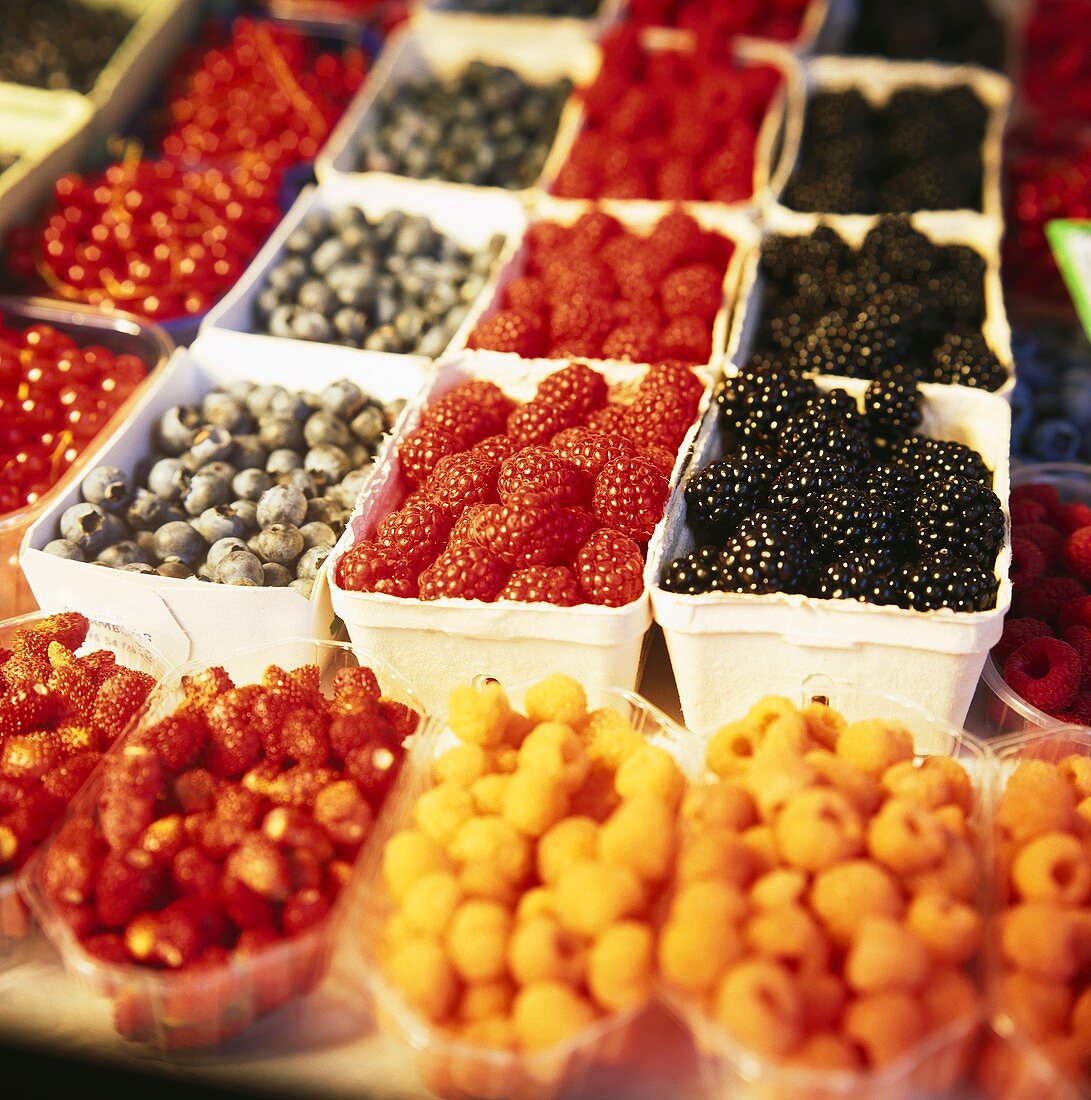 Blackberries, blueberries & raspberries in punnets at market