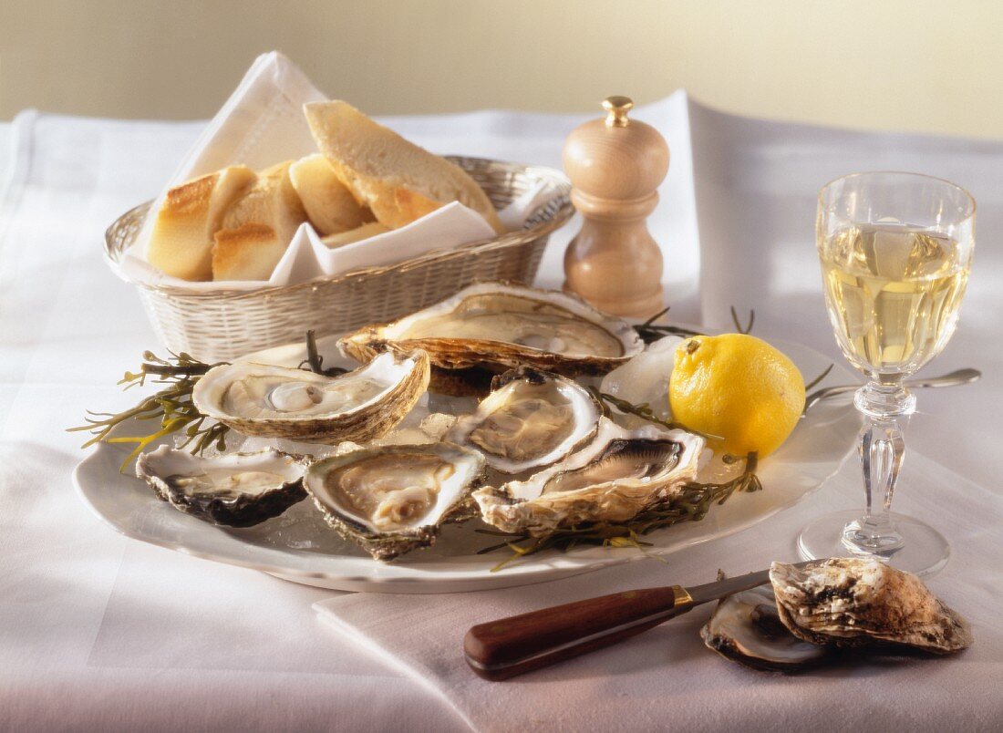 A plate of oysters, with lemon, baguette and wine