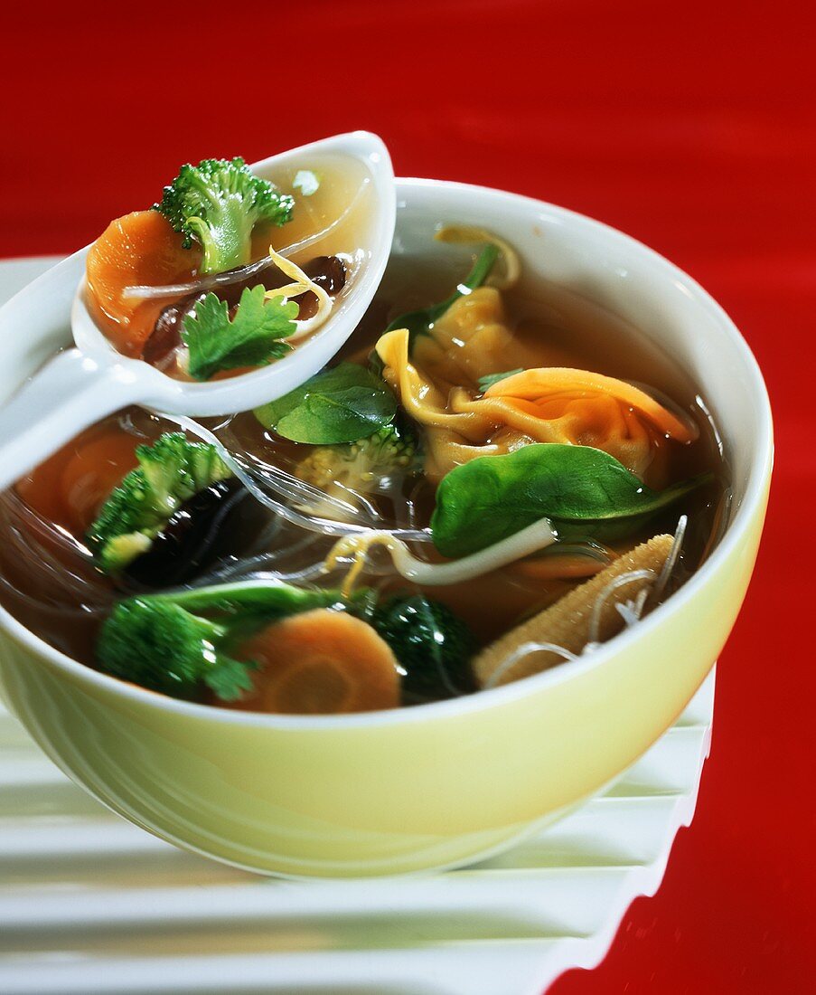 Chinasuppe mit Wan-Tan-Taschen, Gemüse und Glasnudeln