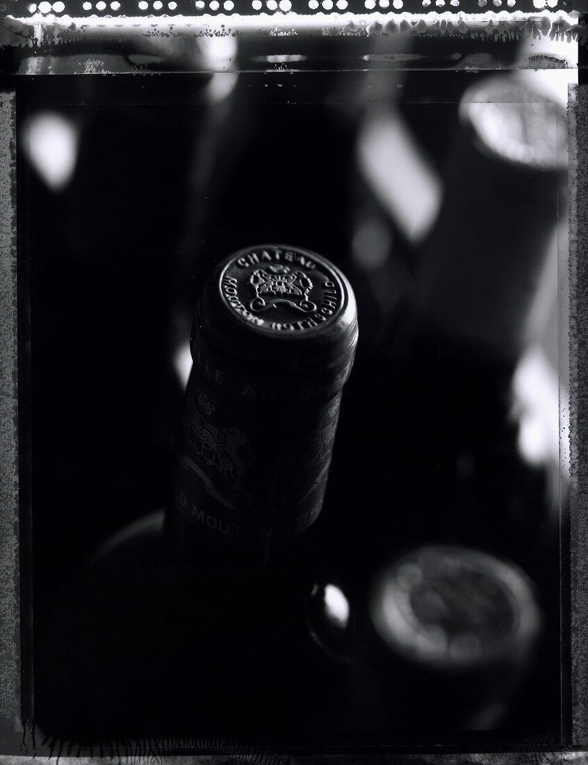 A few bottles of Chateau Mouton Rothschild (b/w photo)