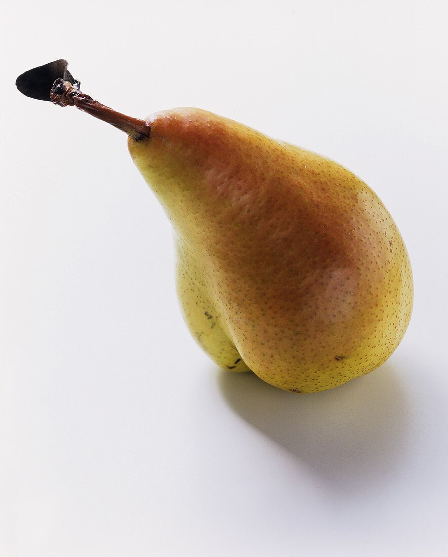 A yellow and red pear with stalk and small leaf