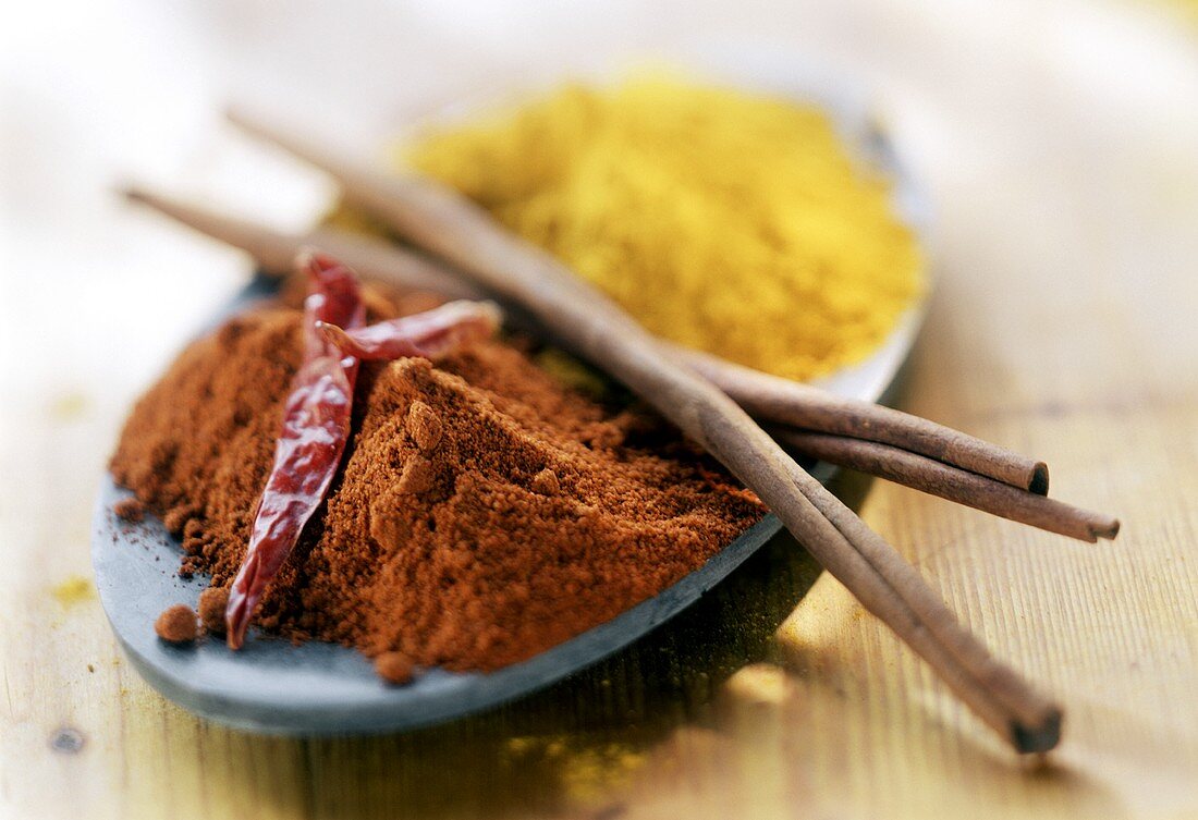 Kurkumua, Curry und Zimtstangen in Schälchen