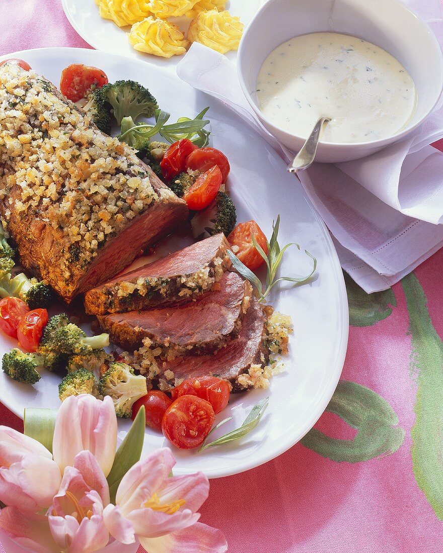 Roast beef fillet with herb hollandaise