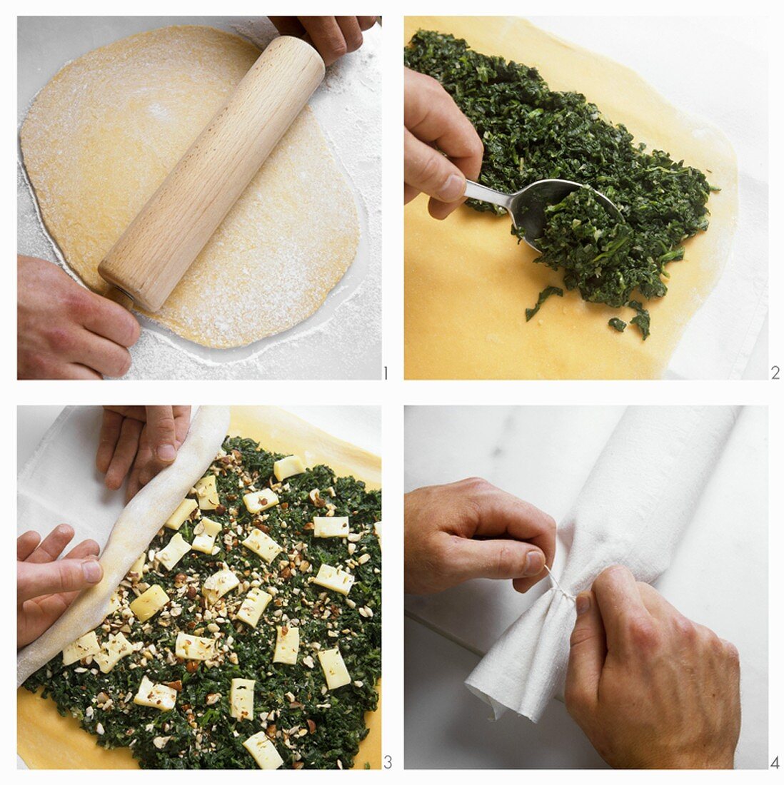 Making pasta roll filled with spinach and Romadur