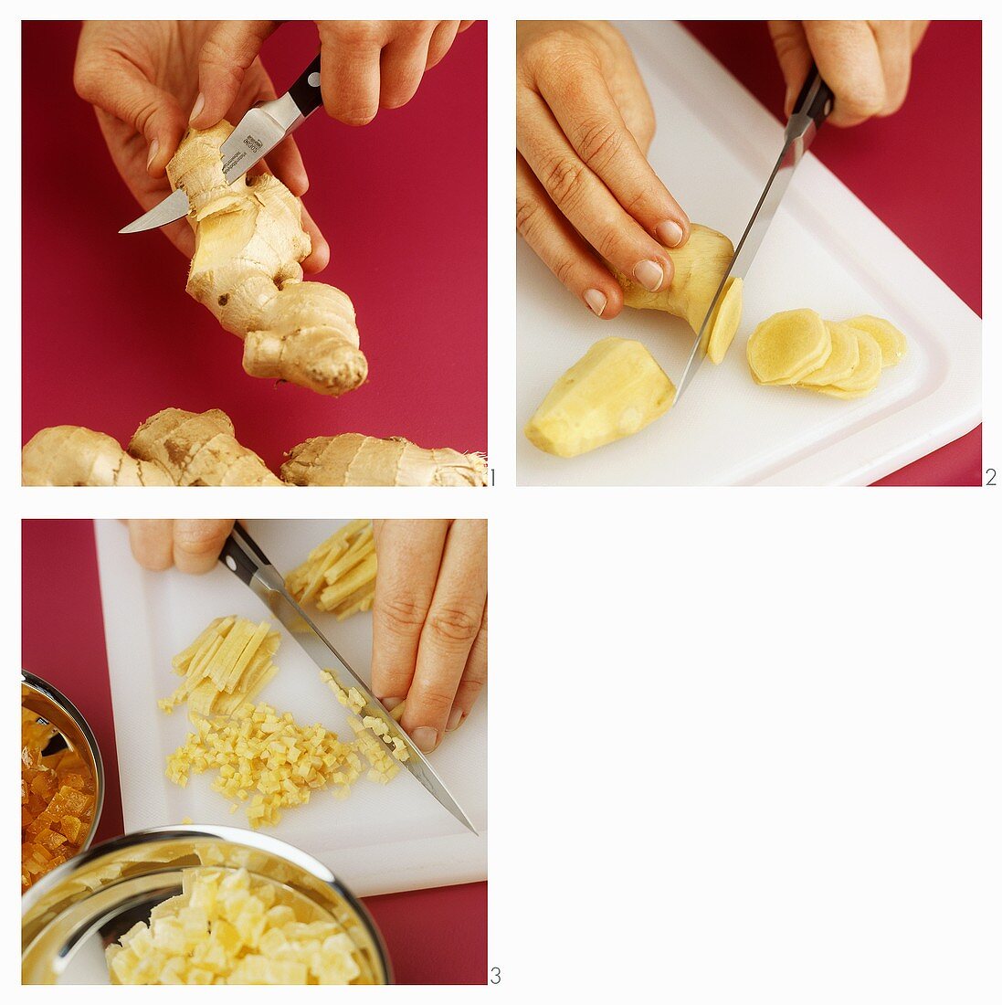 Peeling and dicing ginger root