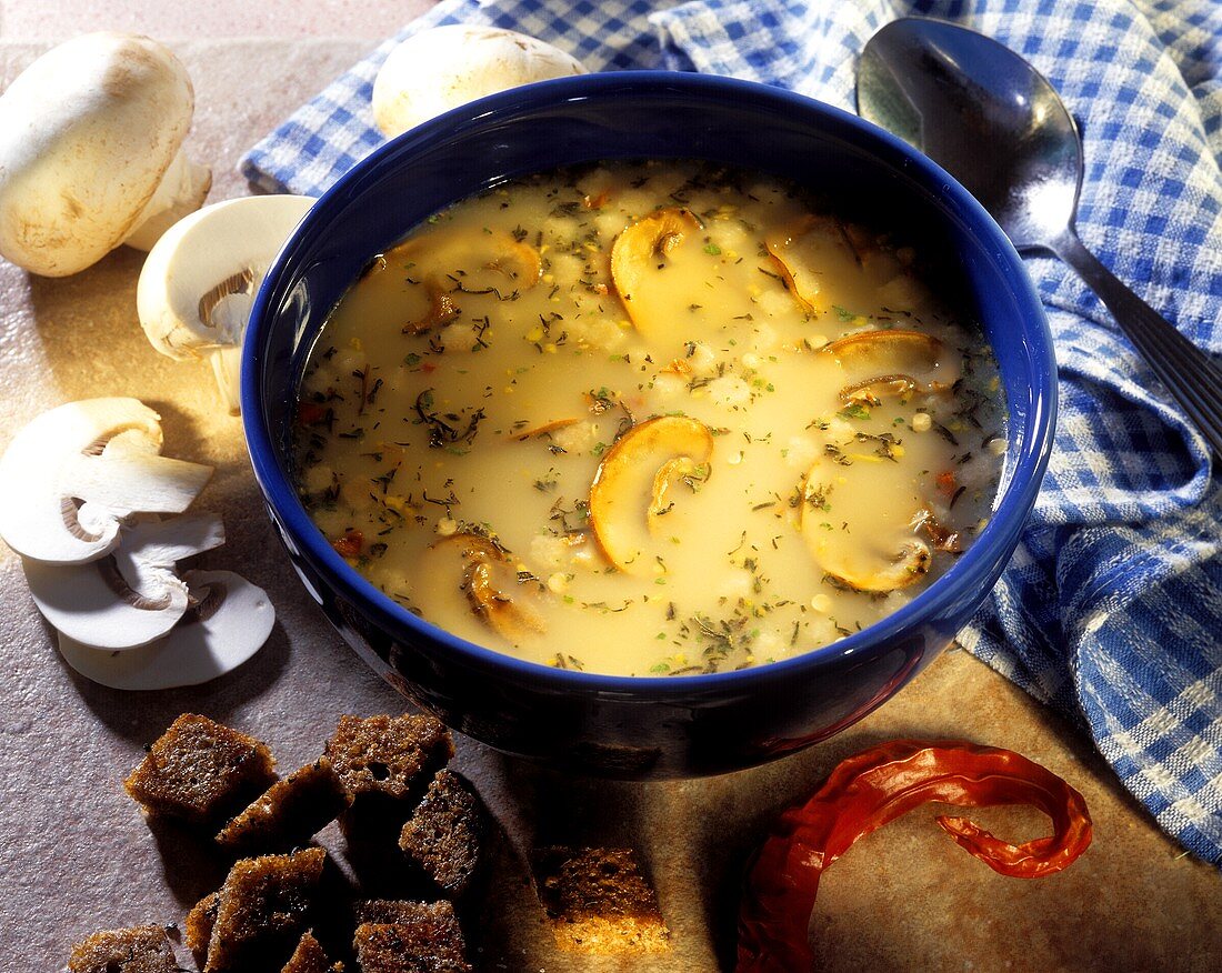 Mushroom soup with black bread croutons