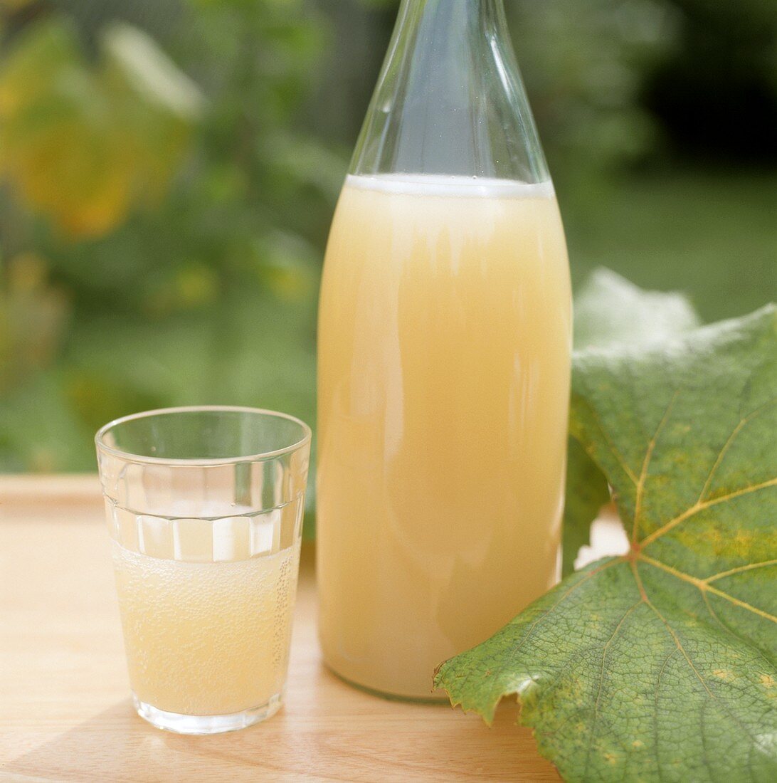 Federweisser in Flasche und im Glas auf Gartentisch