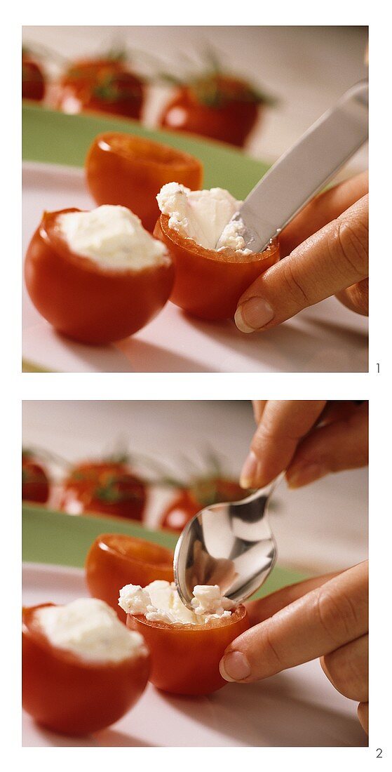 Stuffing tomatoes with soft cheese