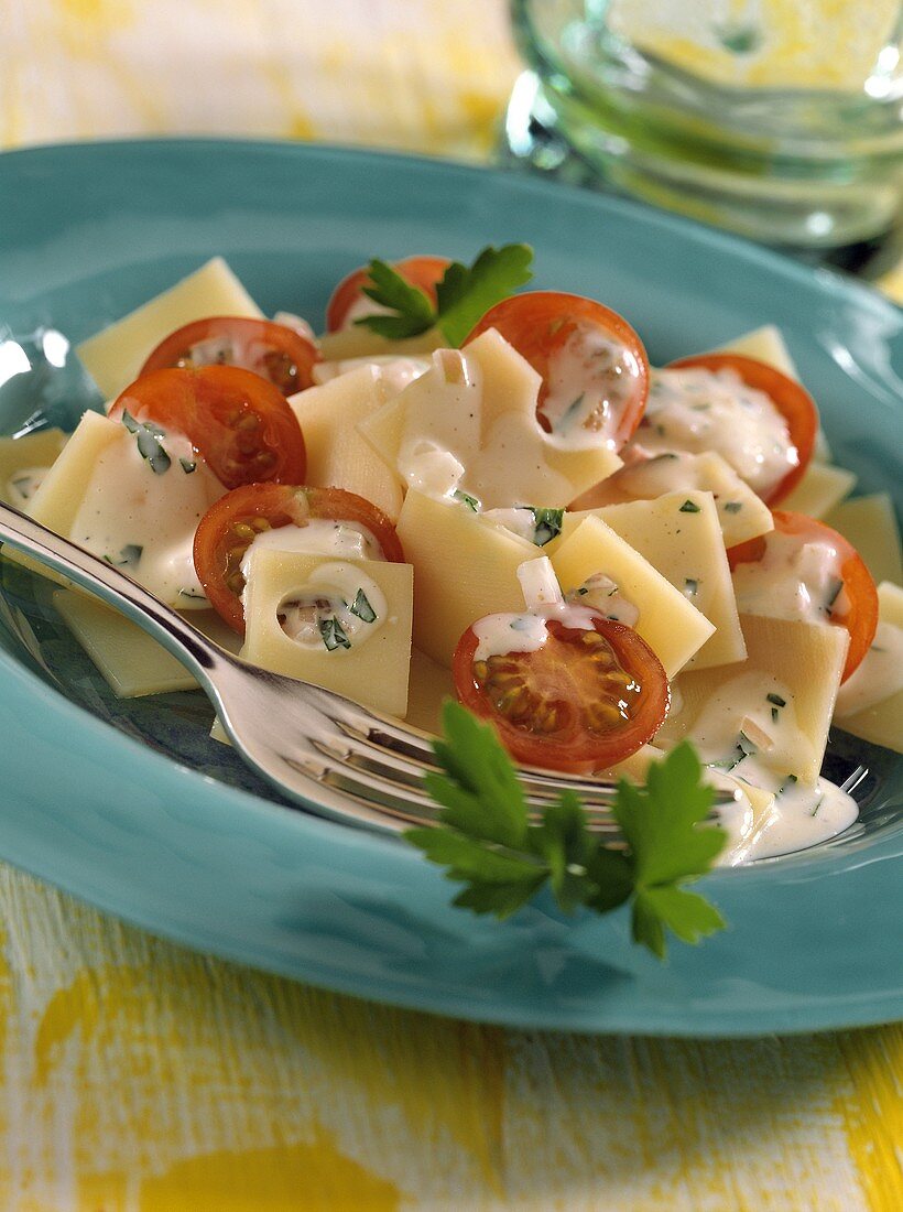 Cheese and tomato salad with mustard sauce