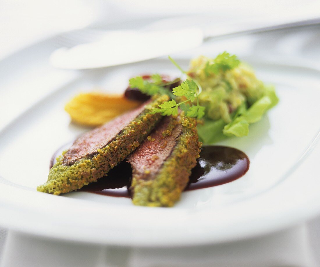 Loin of venison with pistachio crust