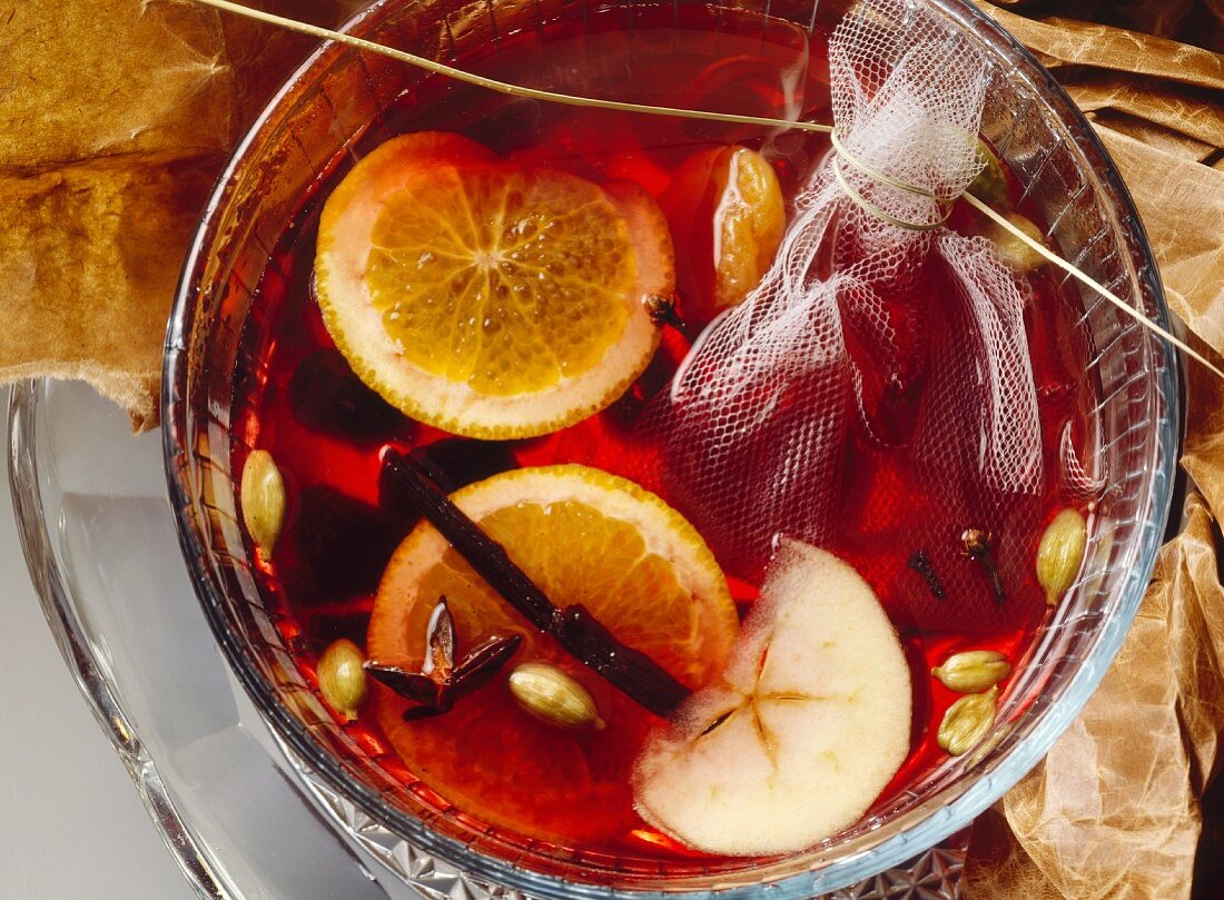 Fruit punch with red wine and Calvados