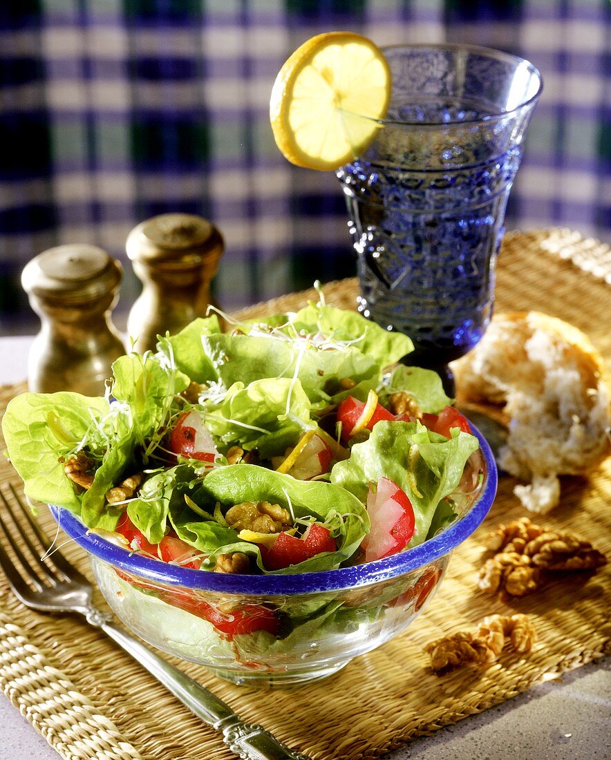 Gemischter Blattsalat mit Radieschen, Walnüssen und Sprossen