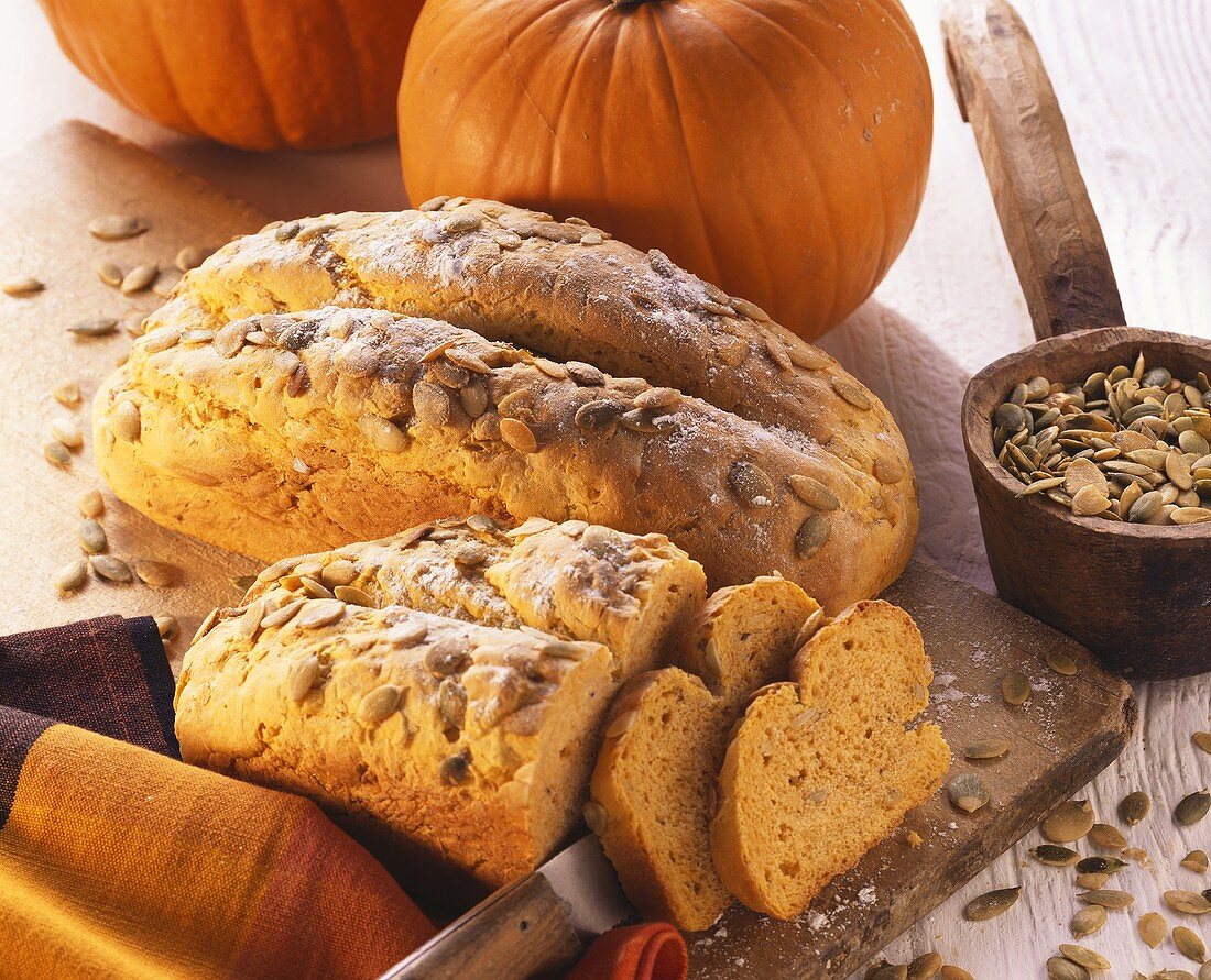 Pumpkin seed bread with pumpkins and pumpkin seeds