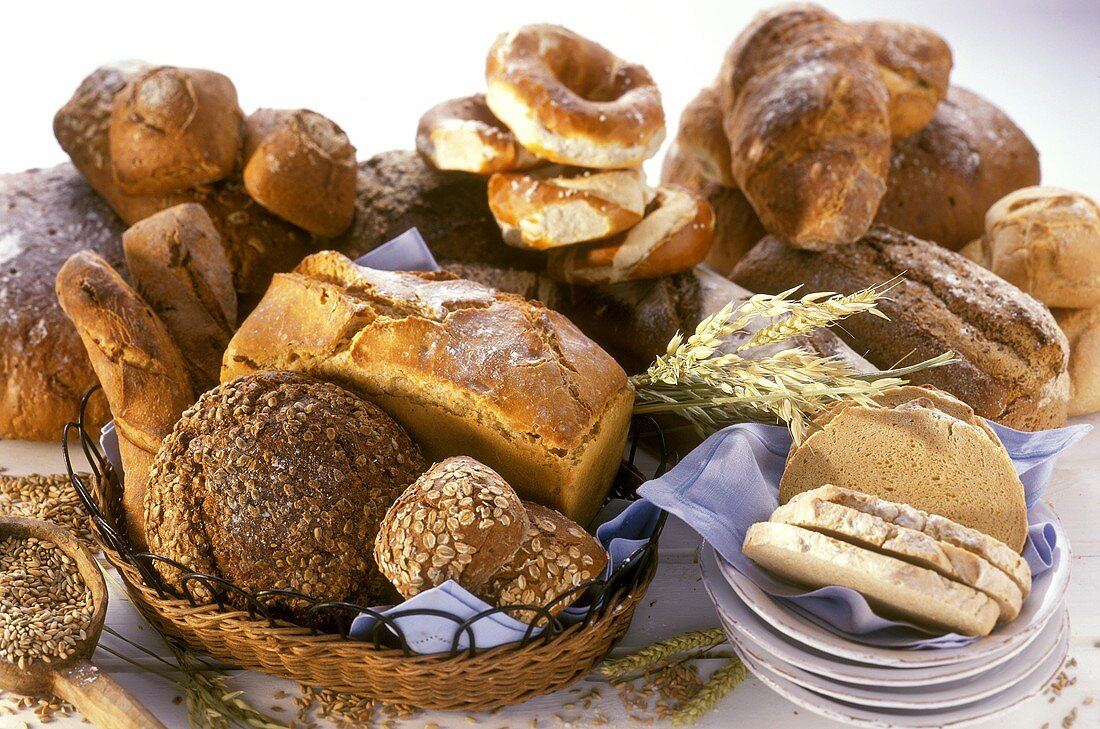 Stillleben mit vielen Sorten von Broten und Brötchen