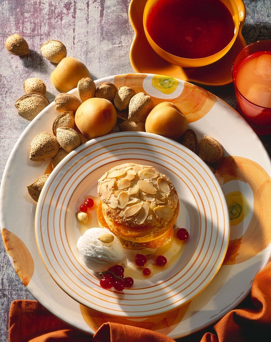 Almond biscuits with apricots and a scoop of almond ice cream