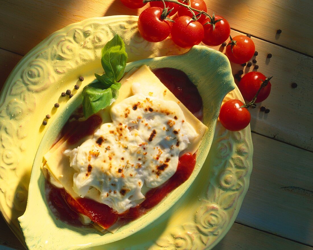 Ein Stück Lasagne mit Tomatensauce