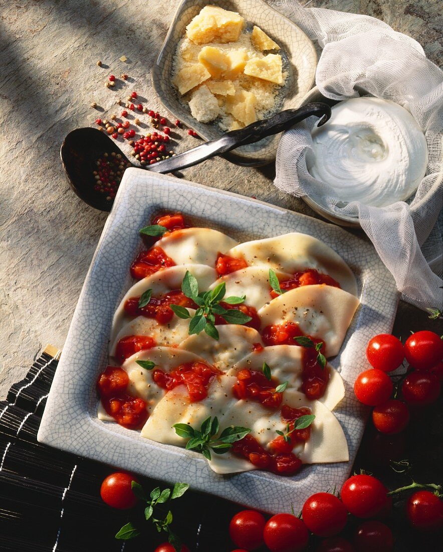 Ravioli with ricotta filling and tomato sauce
