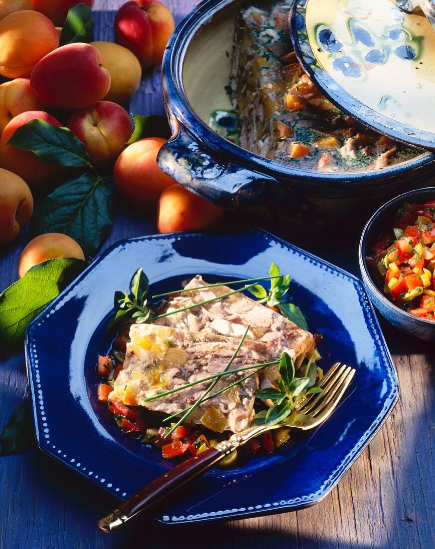 Kaninchen in Aspik auf pikanten Tomaten-Gemüse-Würfeln