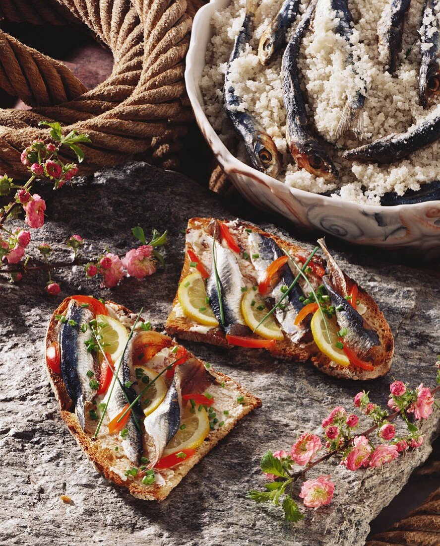 Sardine sandwiches; sardines in salt behind