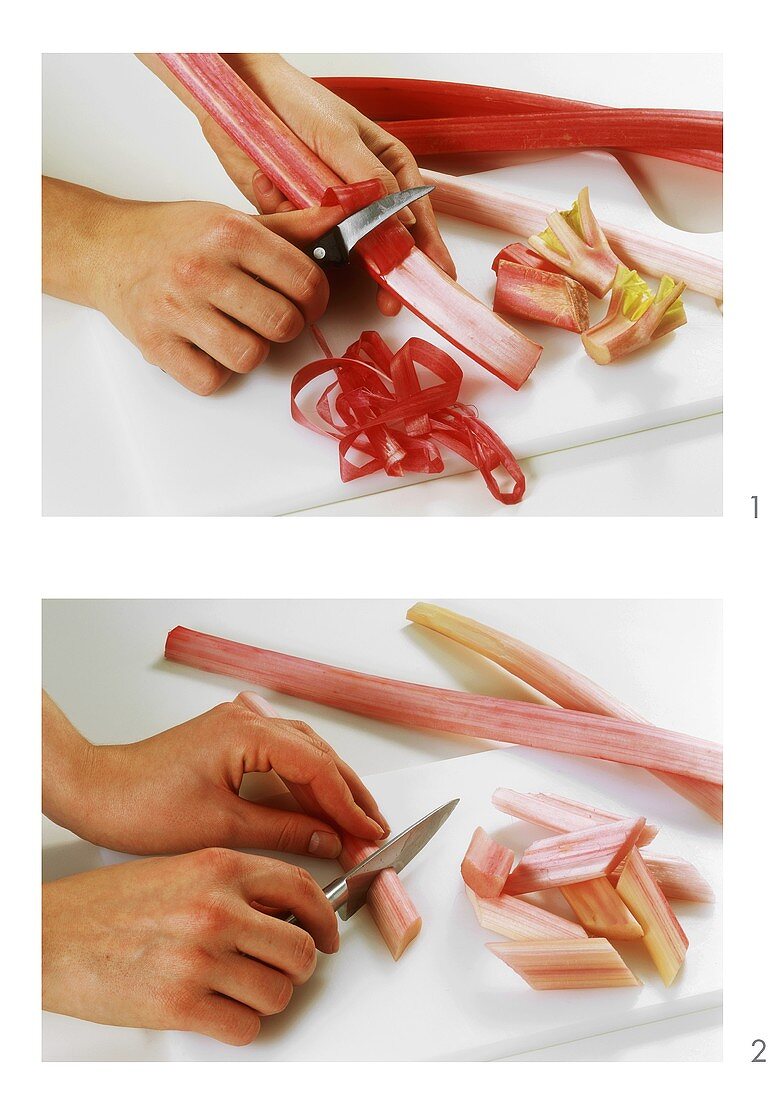 Peeling rhubarb and cutting it into pieces