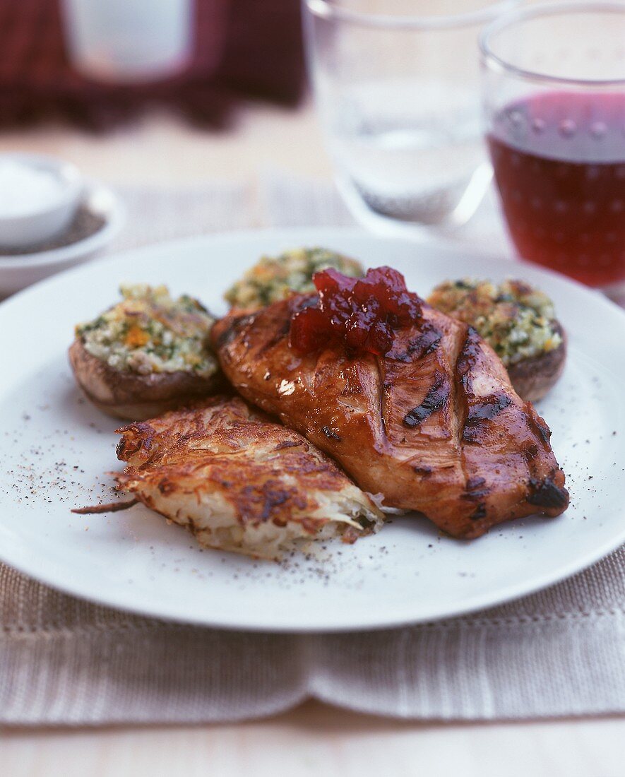 Chicken breast with rosti and stuffed mushrooms