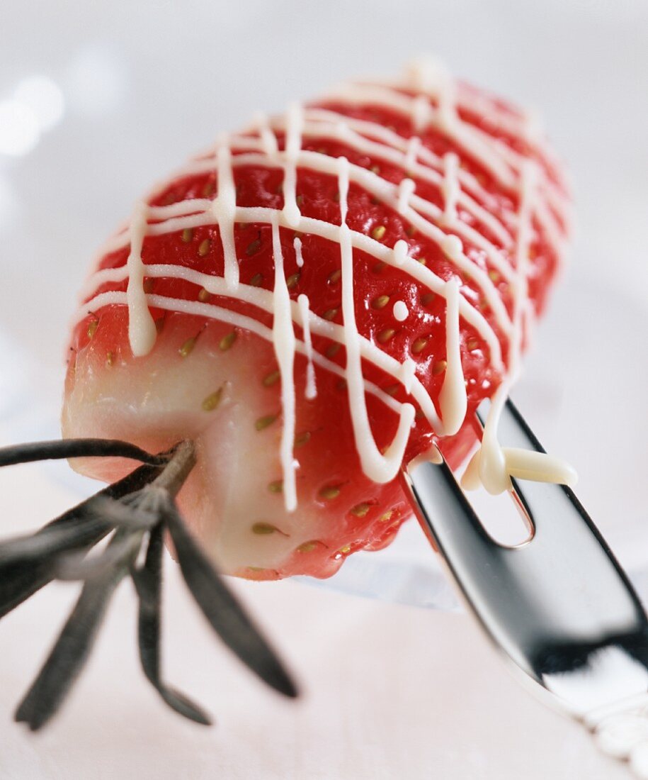 Strawberry with white chocolate coating on fondue fork