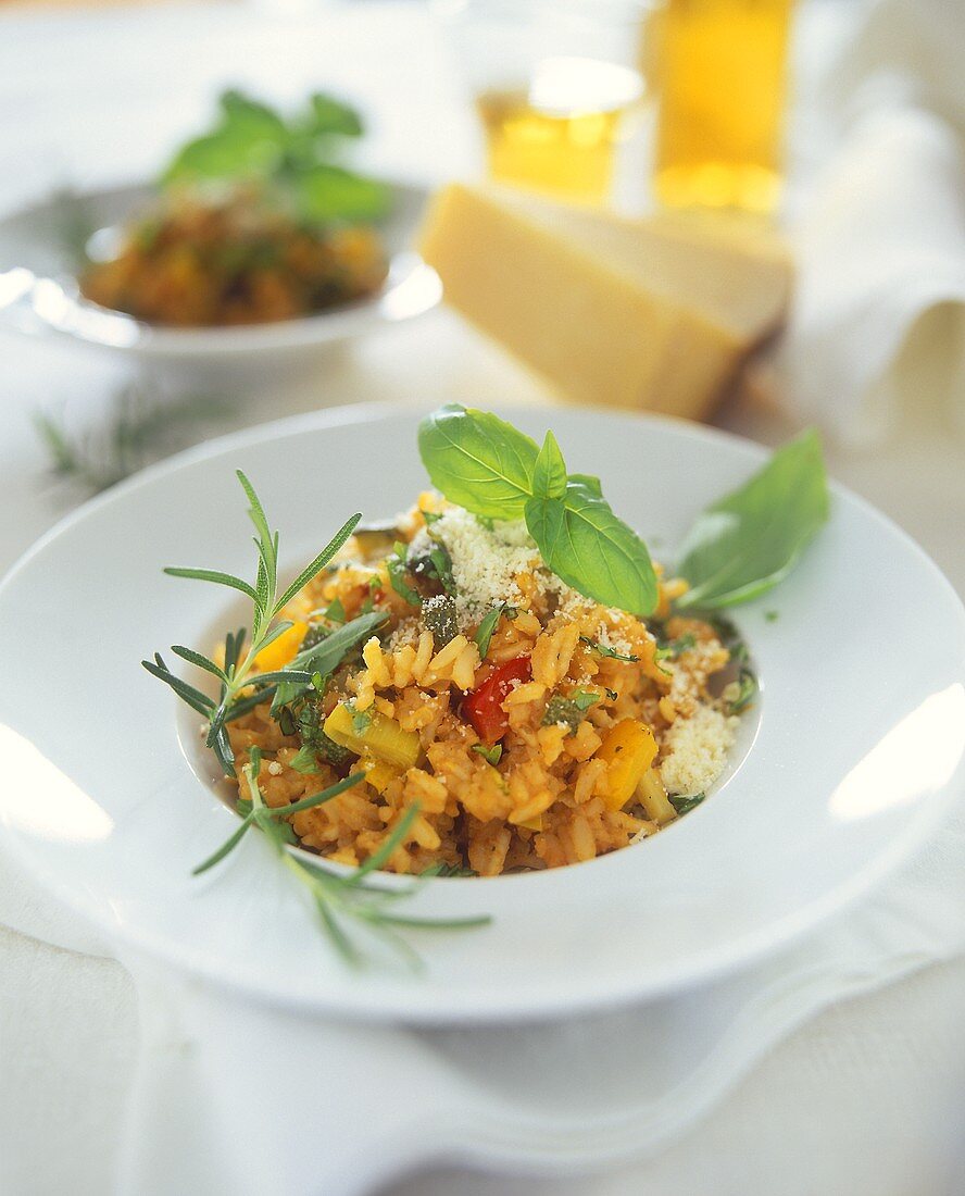 Pan-cooked rice dish with vegetables and herbs