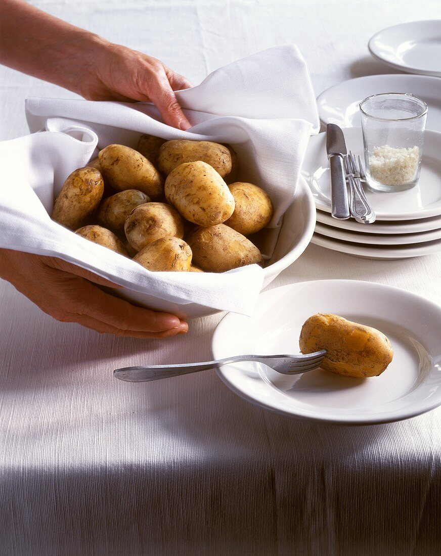 Cooked potatoes in dish and on plate