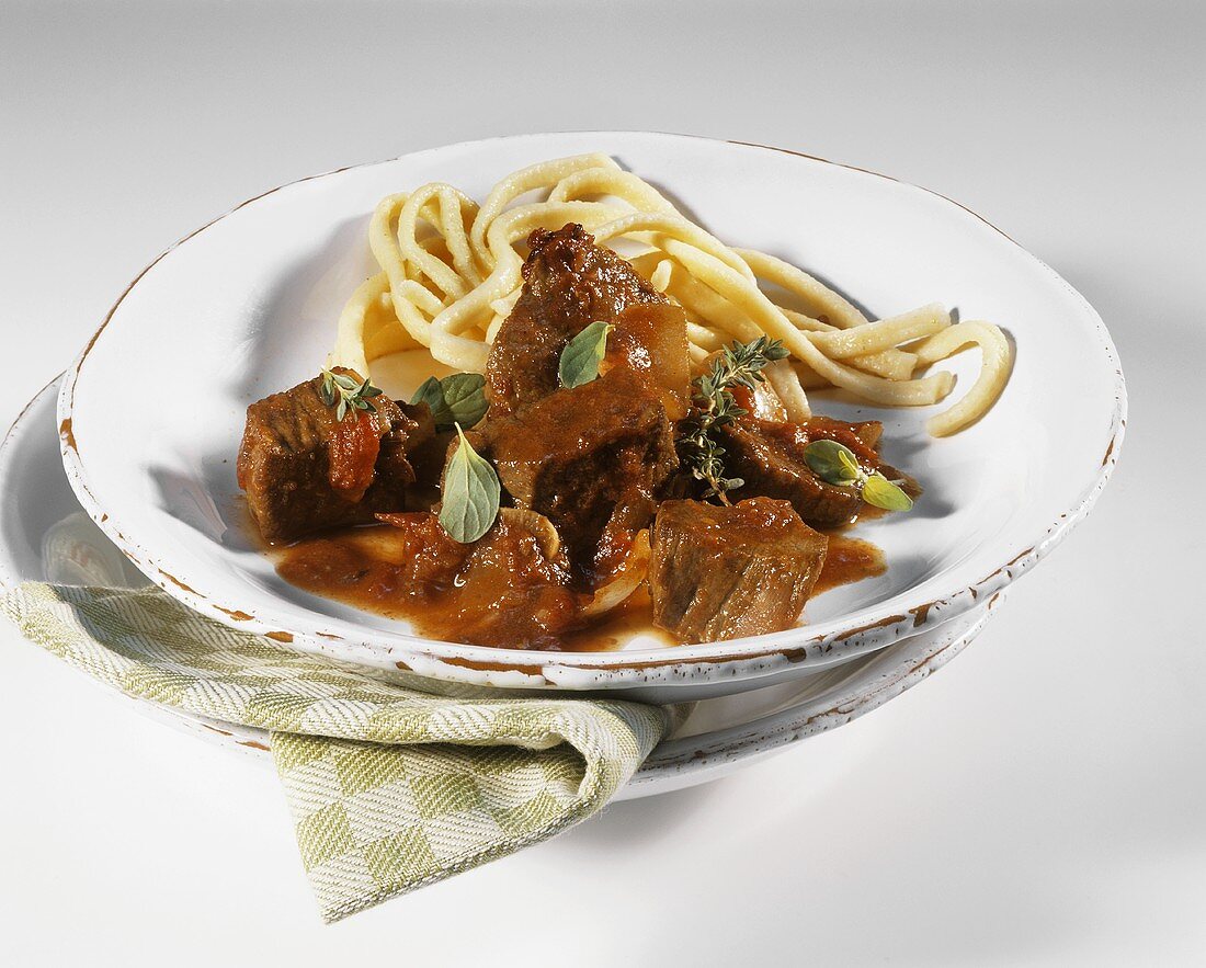 Beef goulash with home-made noodles (Spaetzle)