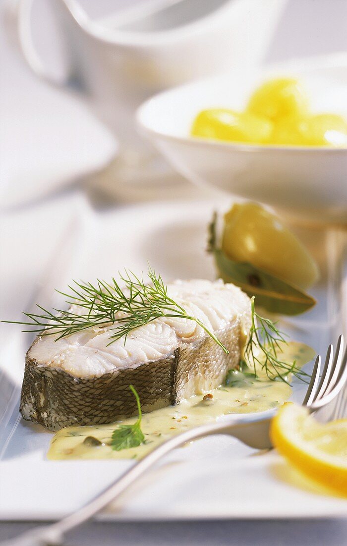 Boiled haddock with mustard sauce