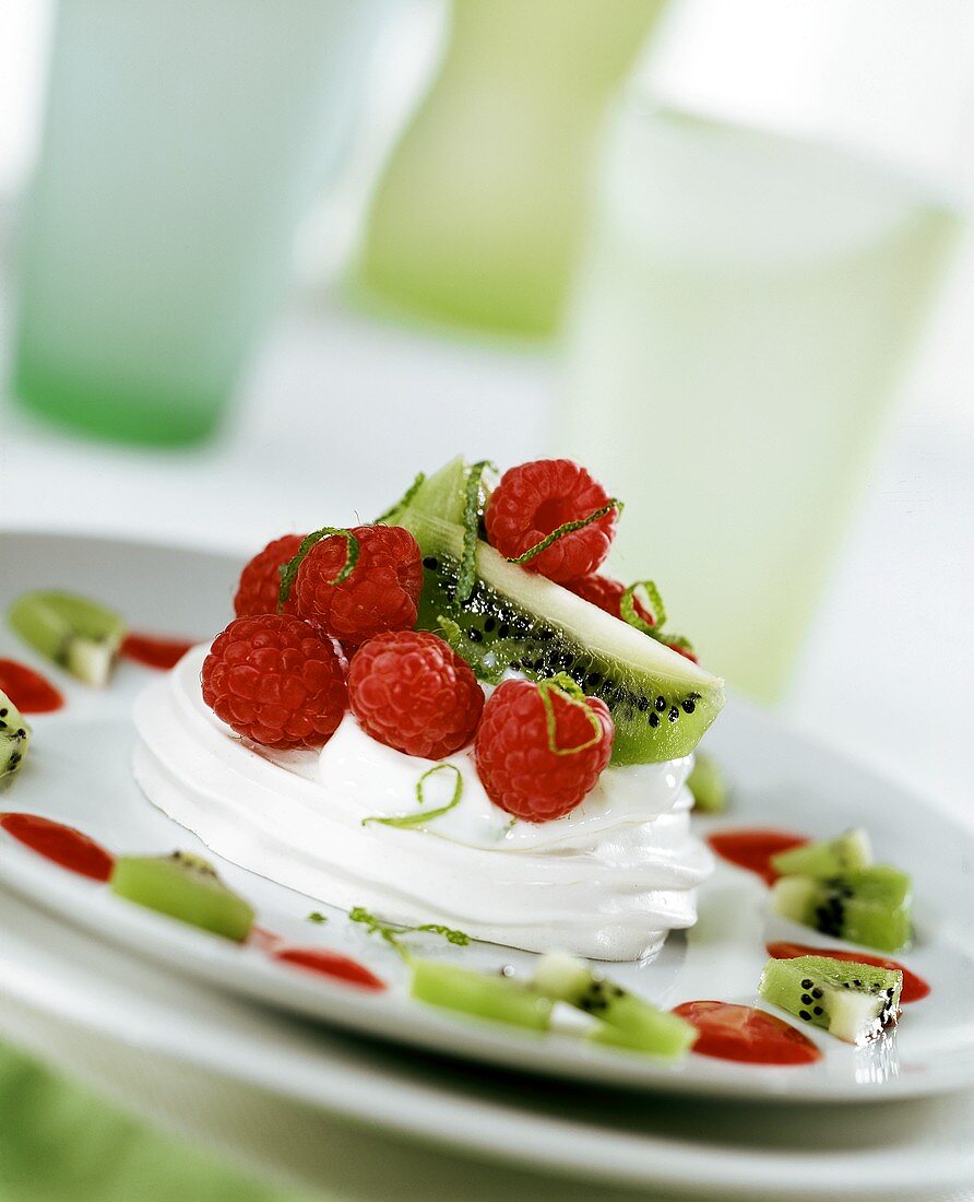 Lime mousse with raspberries and kiwi fruit