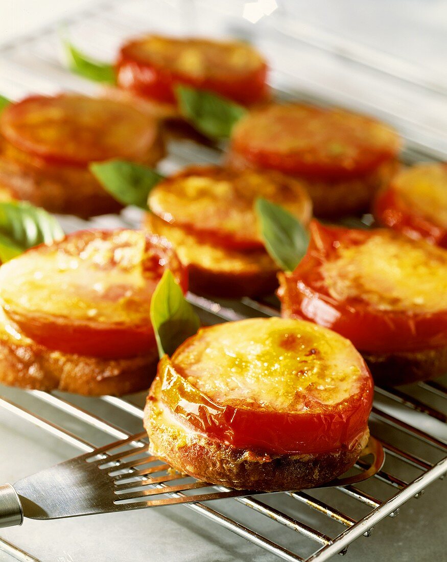 Toasted tomato slices on baguette