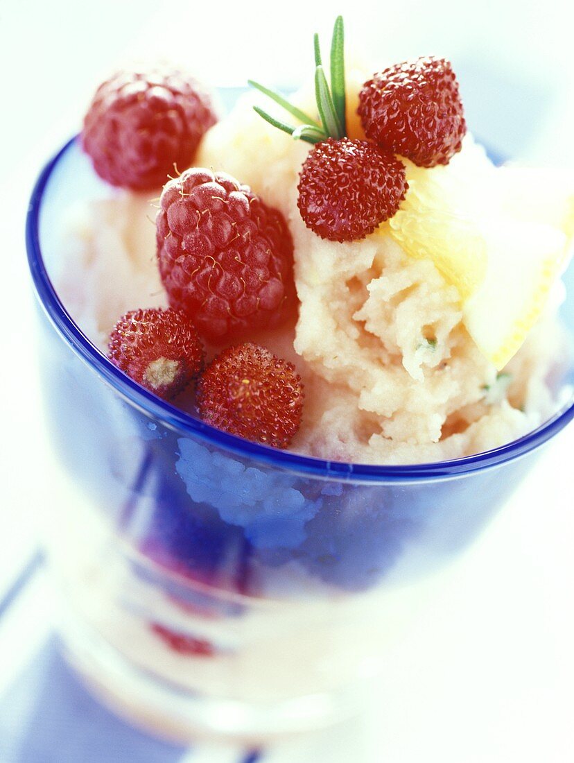 Sorbet with wild strawberries, raspberries and rosemary