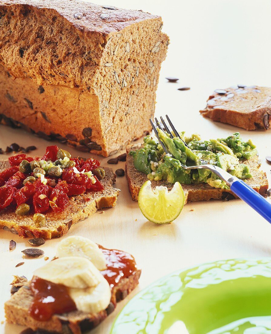 Spelt bread with tomato & caper salsa & with avocado mousse