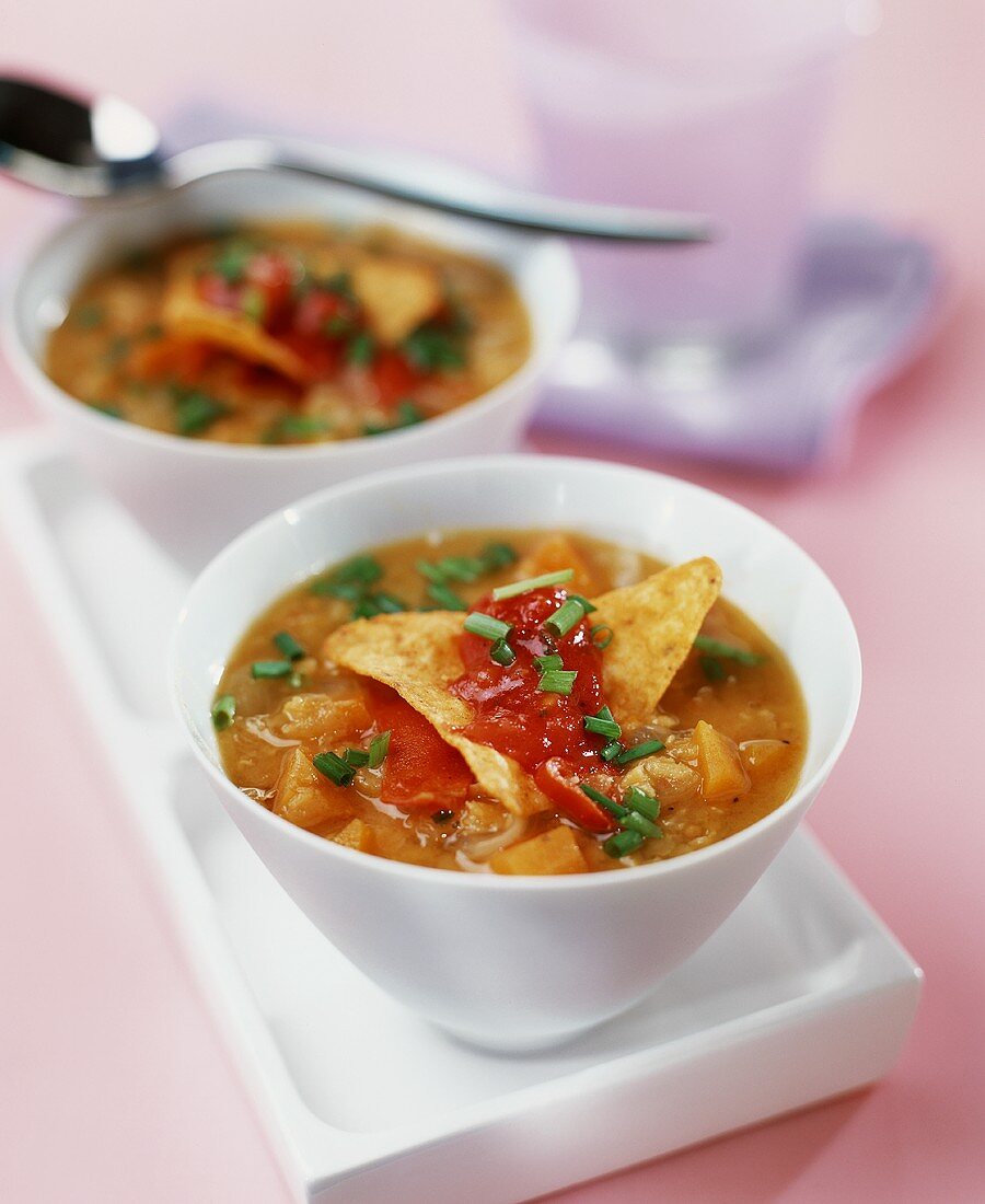 Pumpkin soup with tortilla chip