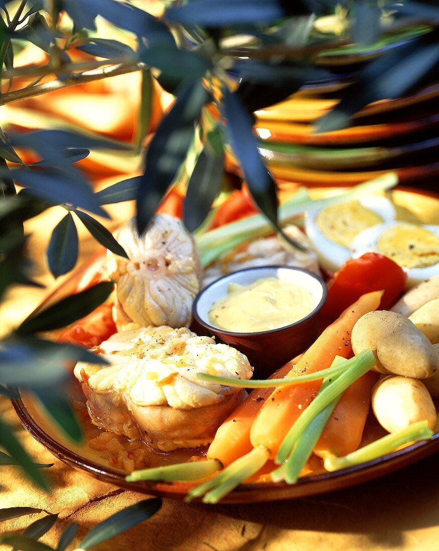 Sommerliche Gemüse-Fisch-Platte mit Aioli (Knoblauchsauce)